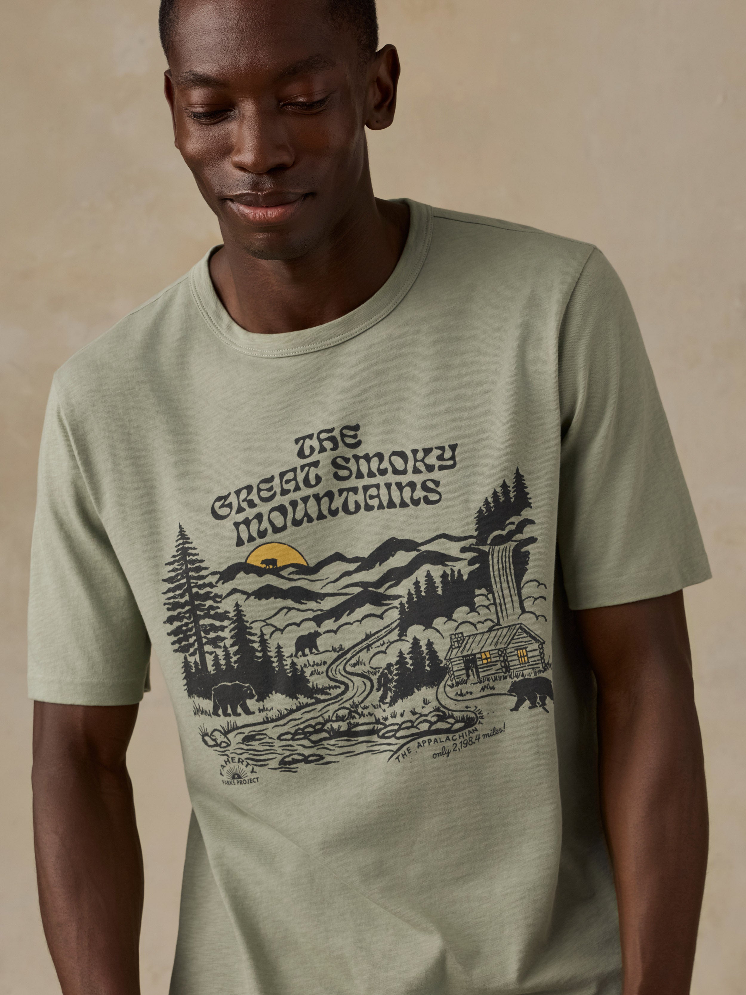 A man wearing a sage green graphic t-shirt with a black and yellow 'The Great Smoky Mountains' landscape print, set against a warm beige background.