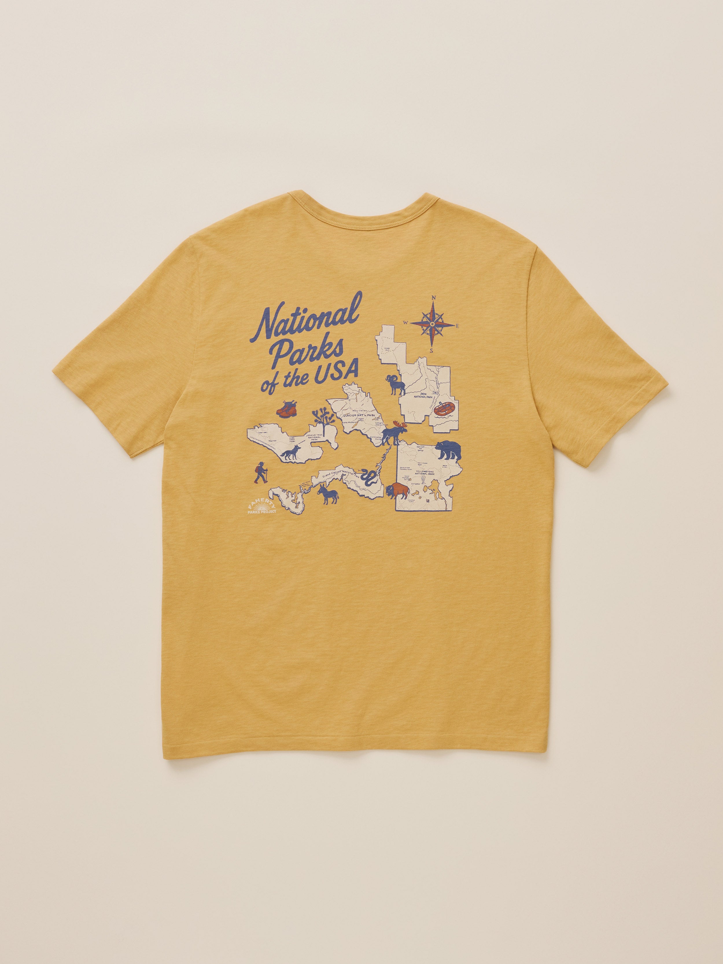 A yellow short-sleeve t-shirt shown from the back, featuring a graphic print of a map of the National Parks of the USA with blue text and small illustrations.