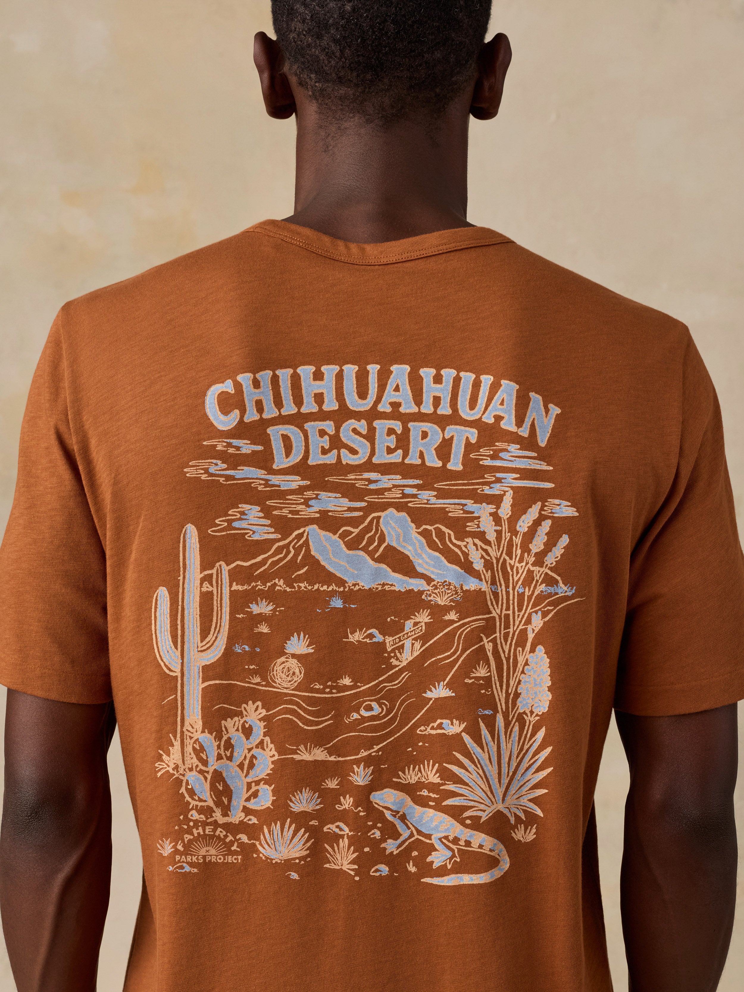 A man viewed from behind wearing a rust-orange t-shirt with a large desert-themed graphic print on the back reading 'CHIHUAHUAN DESERT' above a cactus, mountains, and lizard illustration.