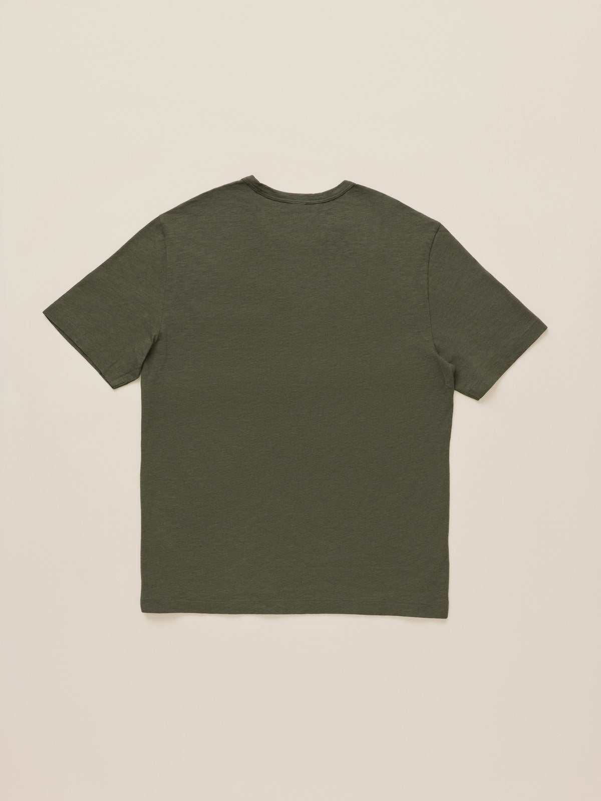 An olive green short-sleeve crewneck t-shirt shown from the back, laid flat against a light beige background., image 8 of 8