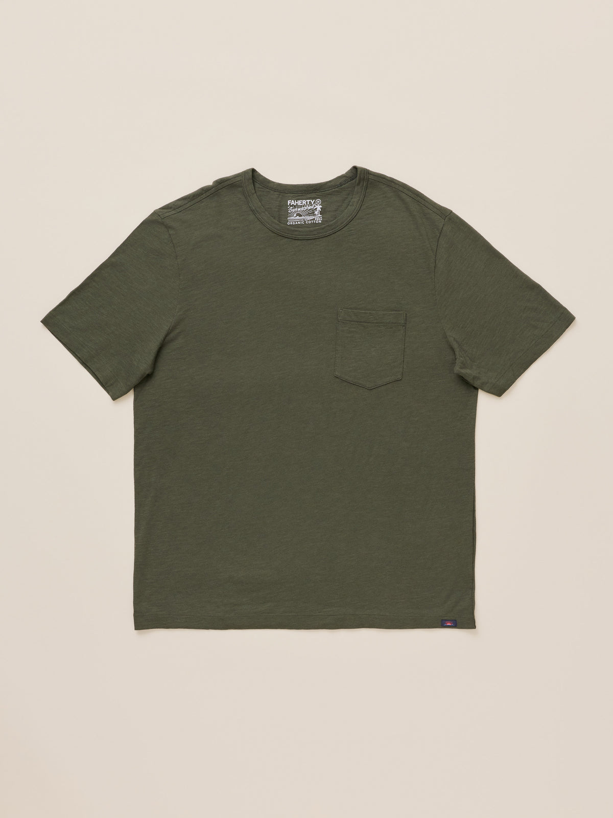 An olive green short-sleeve crewneck t-shirt with a left chest pocket, laid flat against a light beige background., image 7 of 8