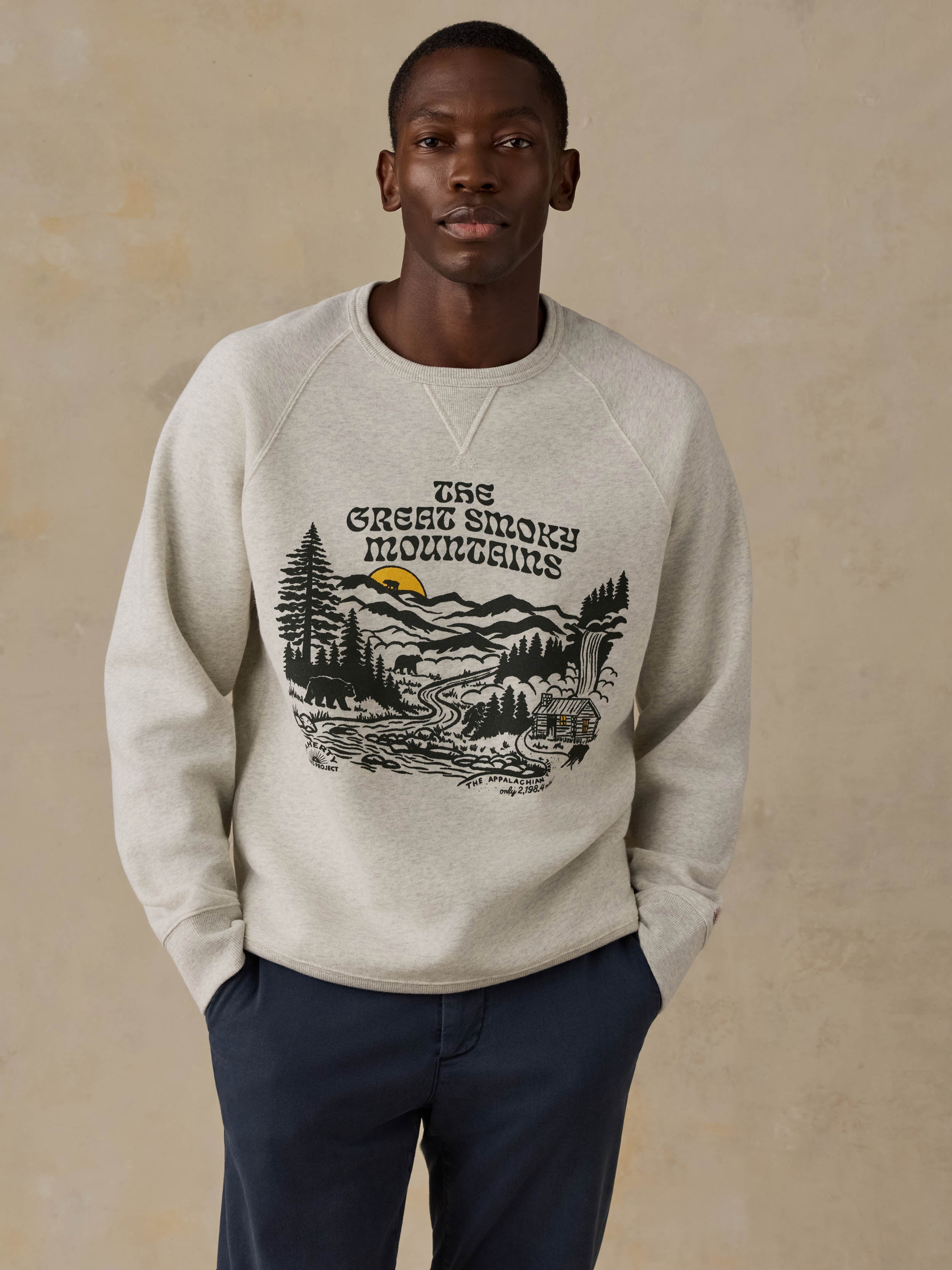 Man wearing a gray sweatshirt with a nature graphic and text on a beige background