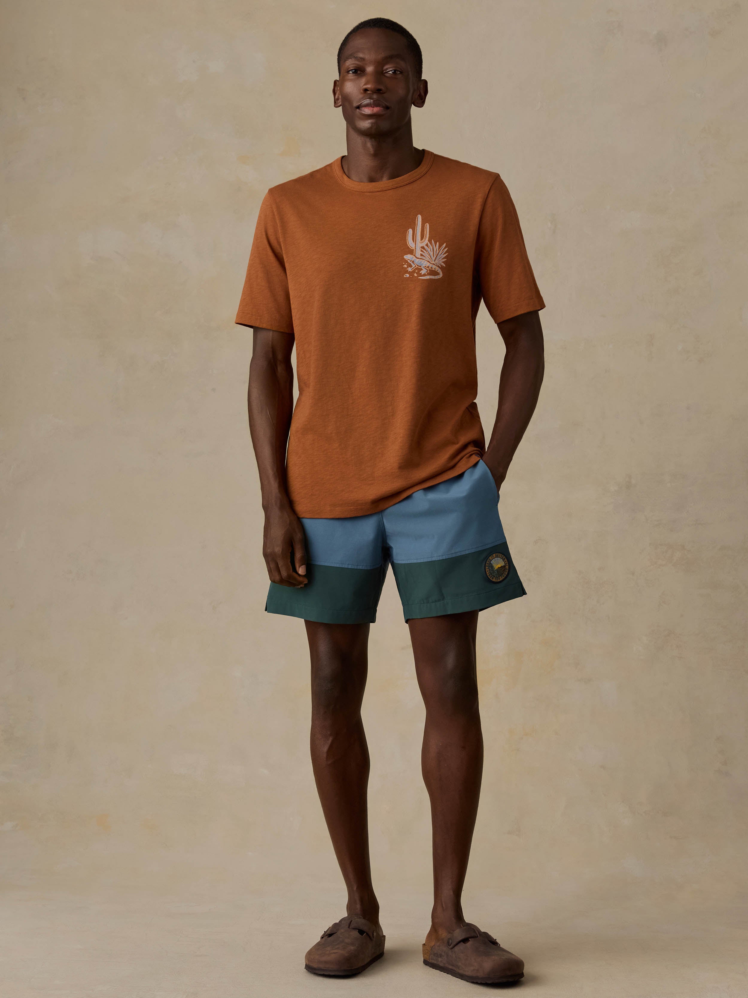 A man modeling a rust-orange crewneck t-shirt with a white palm tree graphic on the chest, paired with blue and dark green color-blocked shorts and brown suede slide sandals, set against a textured beige studio backdrop.