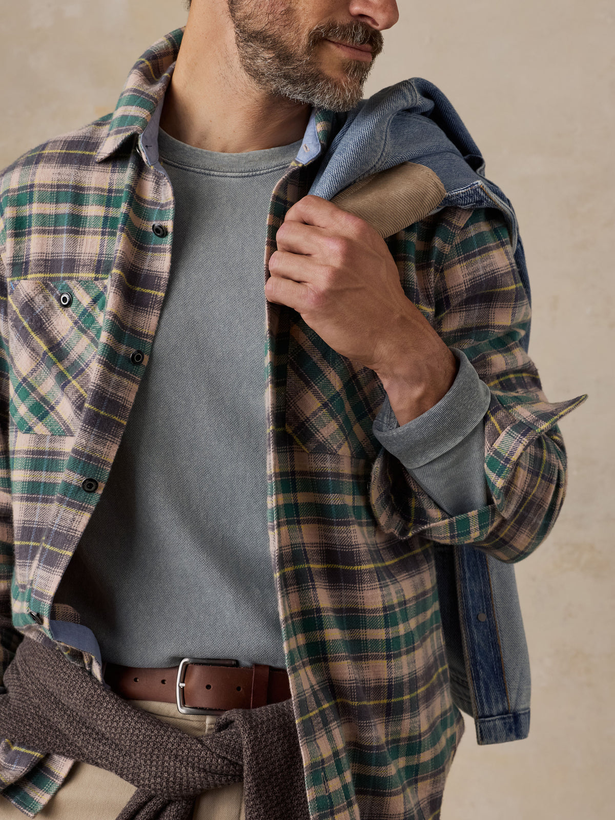 A man wearing a green plaid flannel over a green shirt and beige pants, image 3 of 5