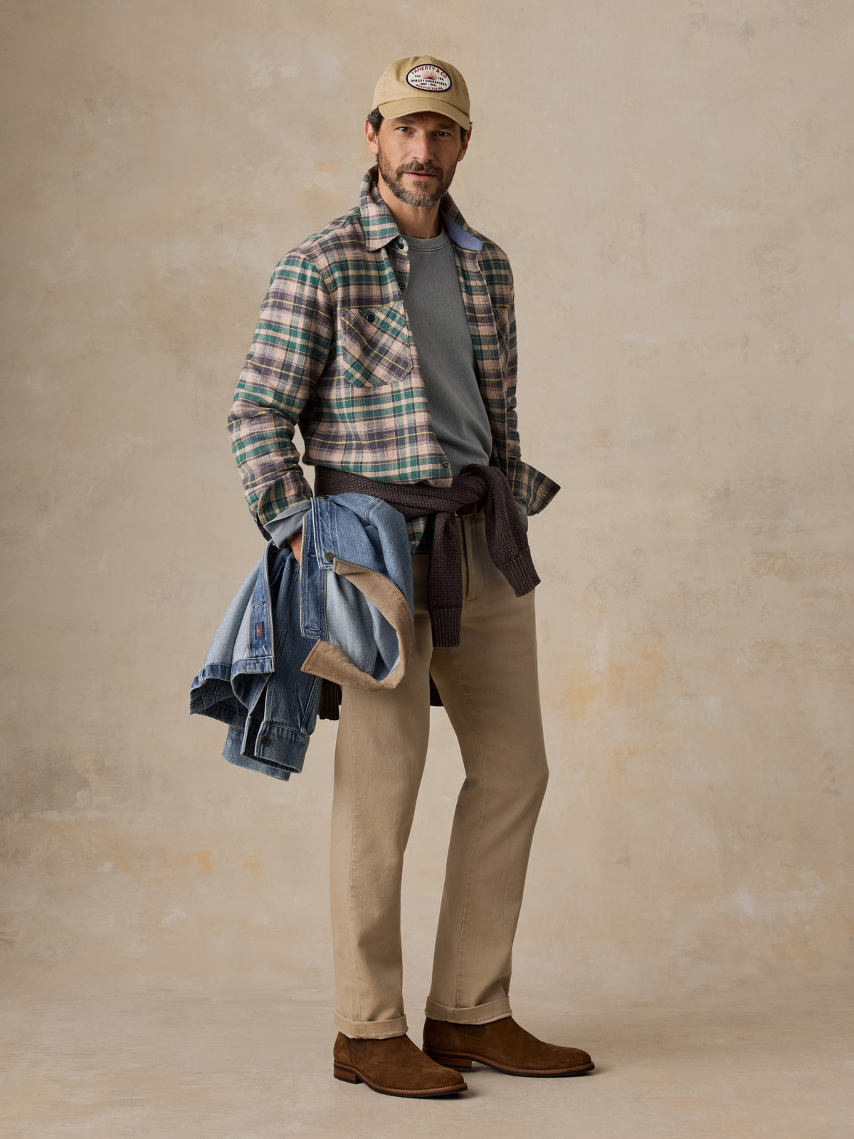 A man wearing a green flannel over a green shirt with beige pants and a hat, image 5 of 5