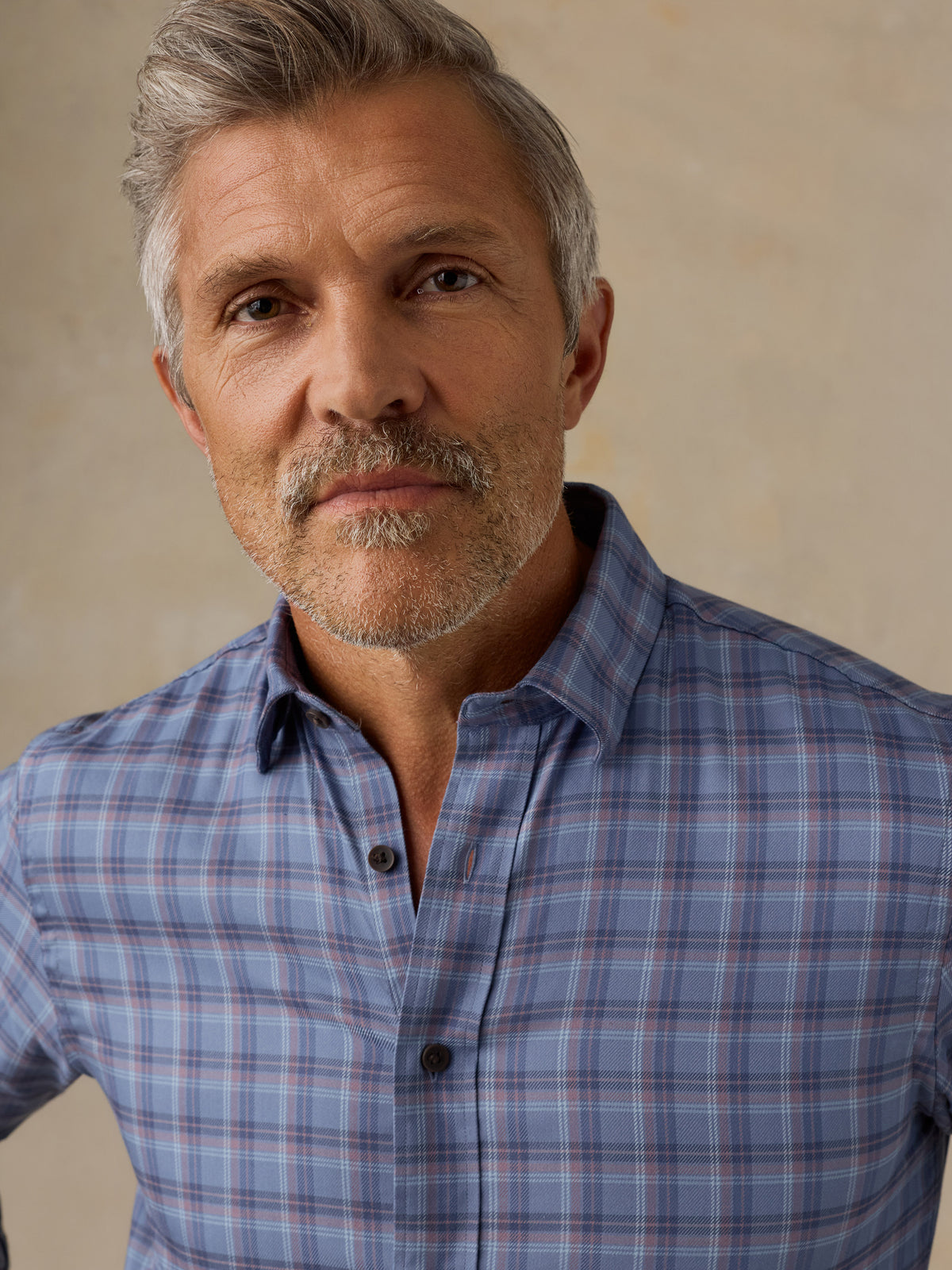 A close-up portrait of a man with gray hair and a beard wearing a blue gray plaid button-down shirt against a textured beige background., image 2 of 6