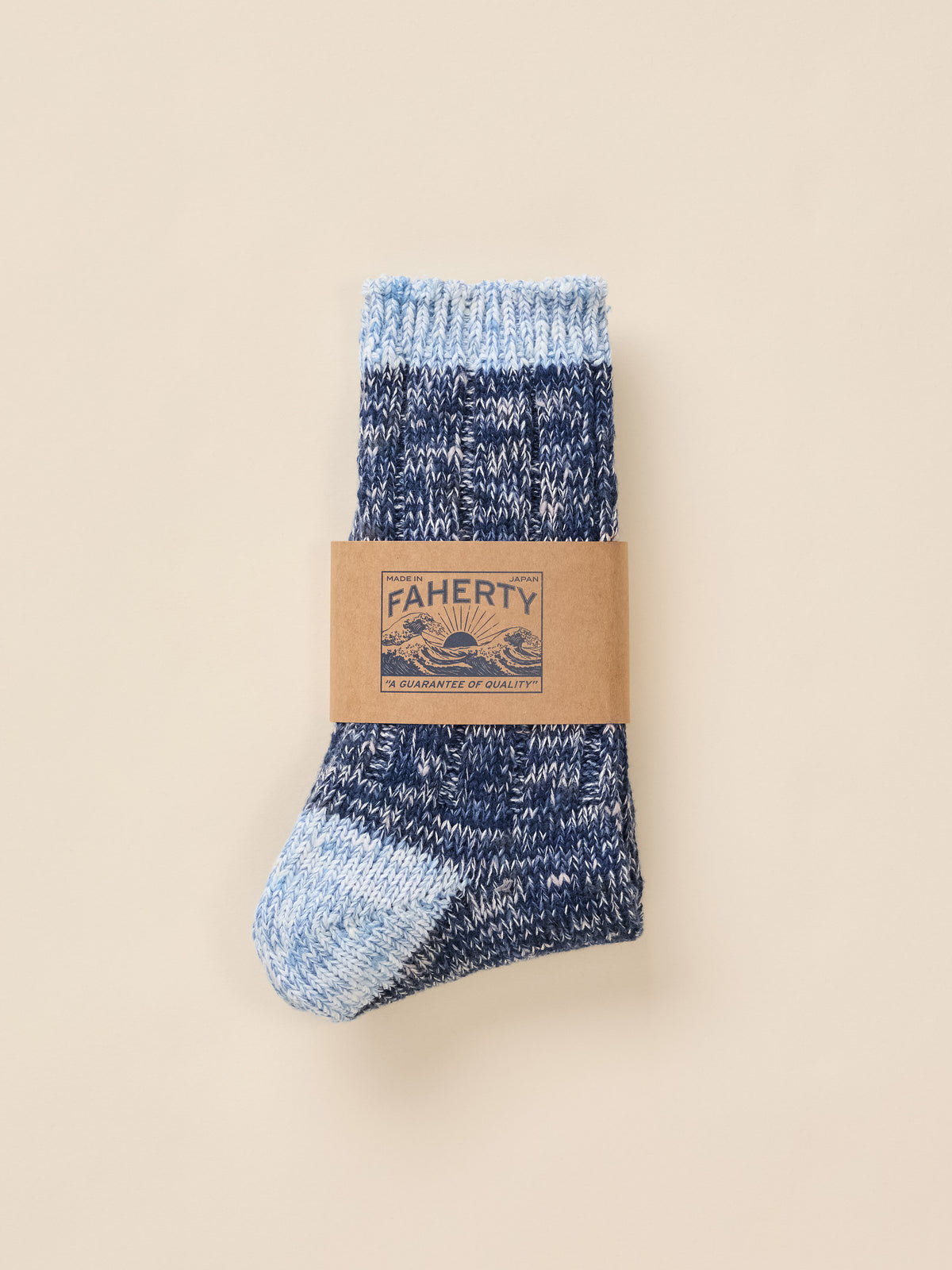 Blue marled socks in paper Faherty packaging, image 2 of 3