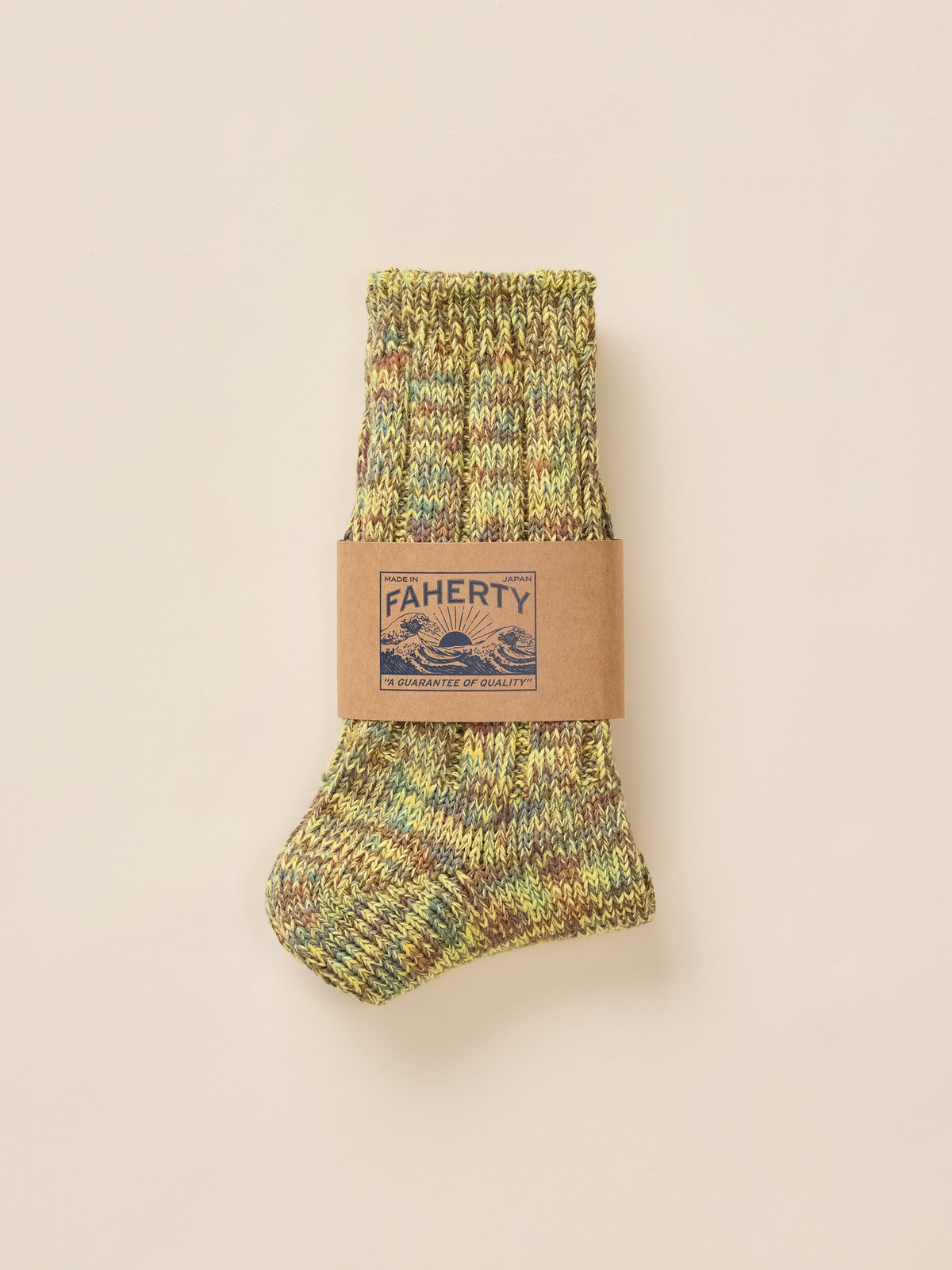 Yellow marled socks in paper Faherty packaging, image 2 of 3