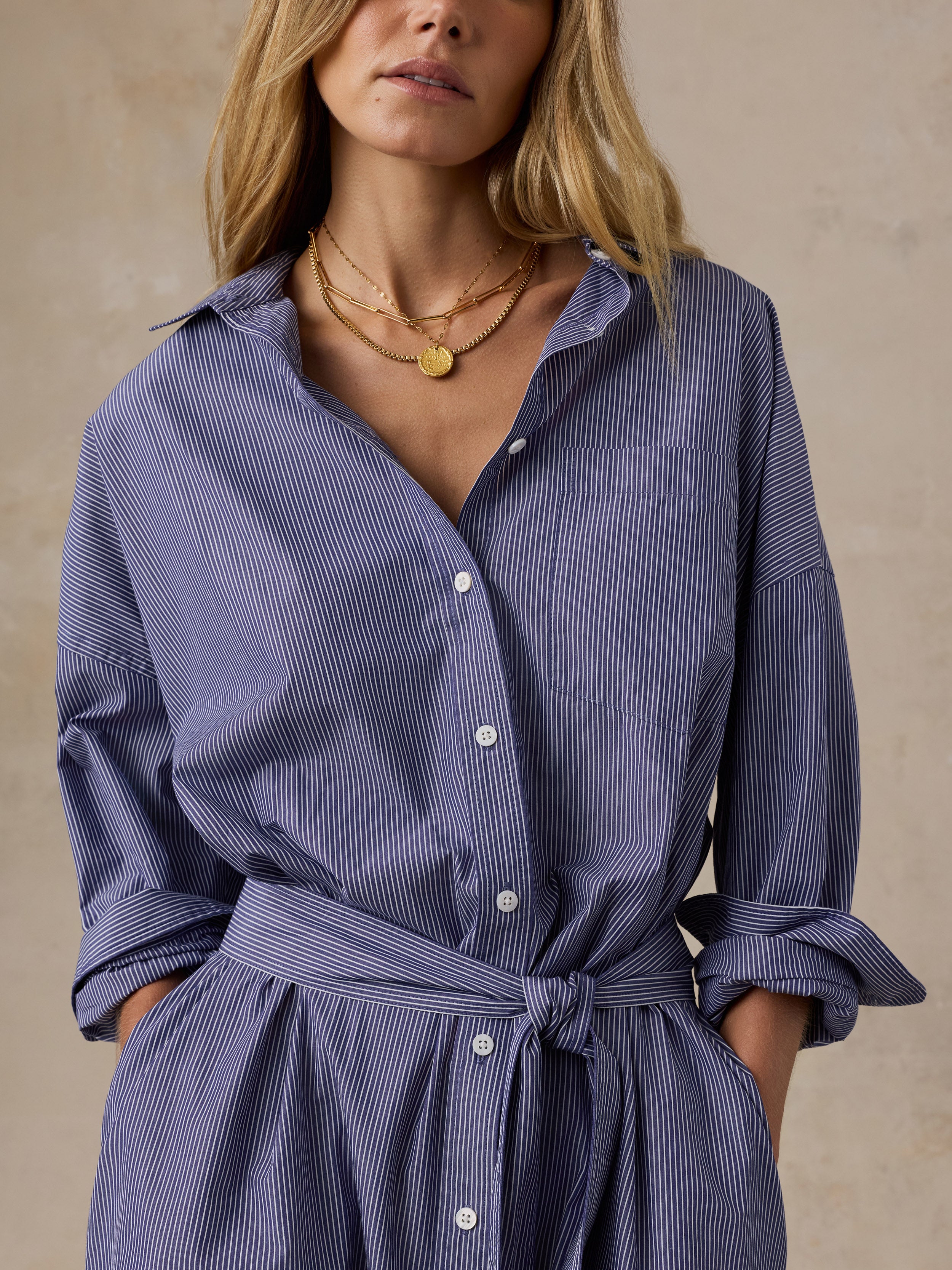 Coastal Poplin Rio Shirtdress - Sailor Ink Stripe