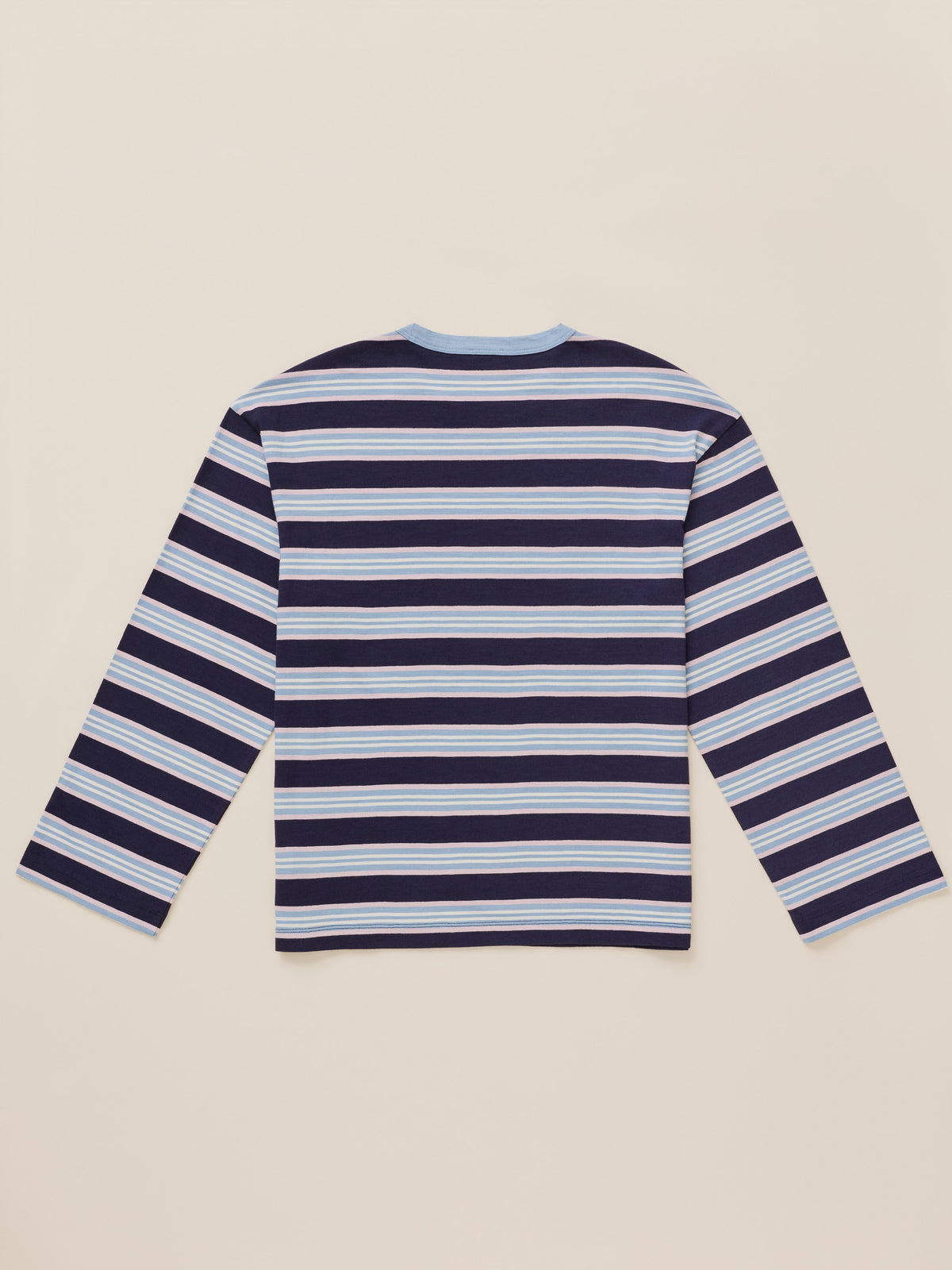 A long-sleeve striped shirt shown from the back, featuring horizontal stripes in navy blue, light blue, and white, laid flat on a light beige background., image 8 of 8