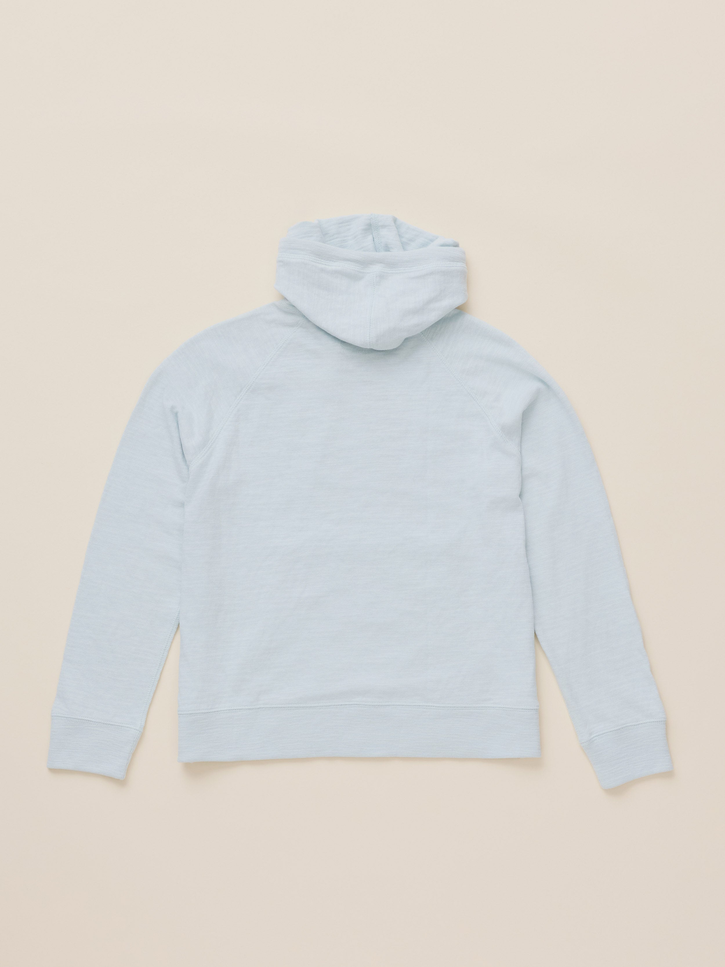 A light blue hooded sweatshirt shown from the back, laid flat on a solid beige background.