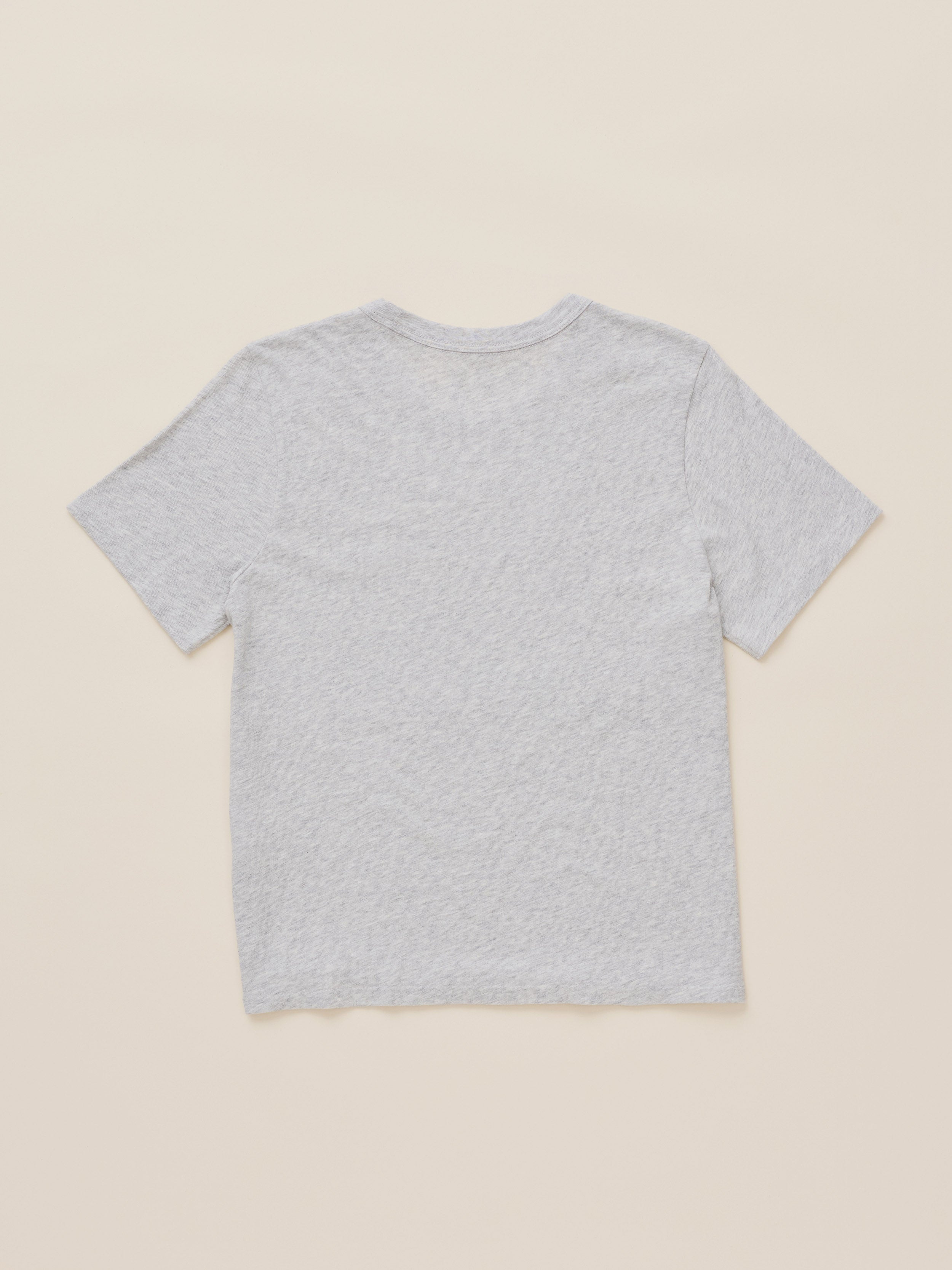 Light grey crewneck t-shirt against a beige background