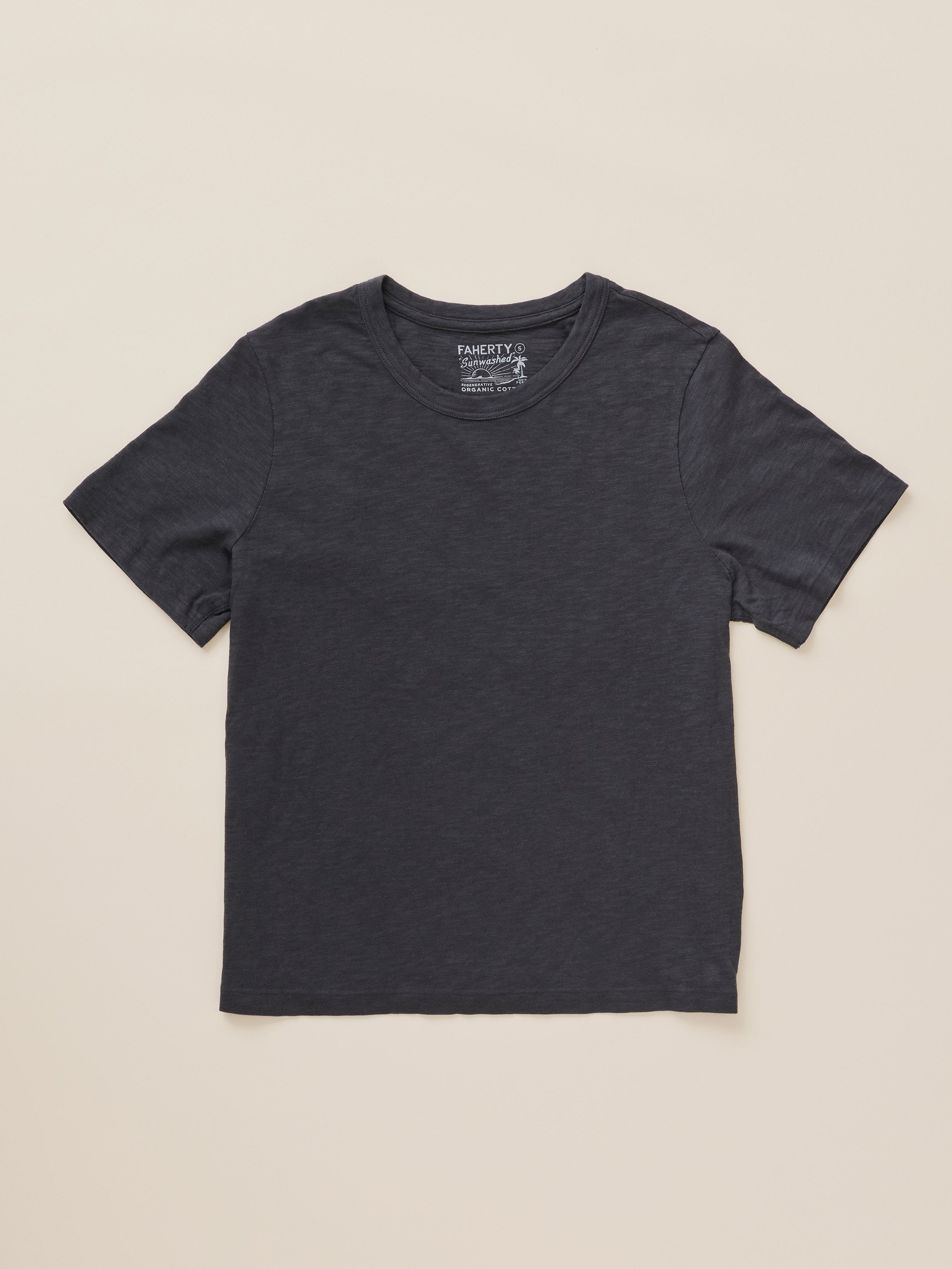 A dark charcoal gray short-sleeve crewneck t-shirt by Faherty, laid flat against a light beige background.