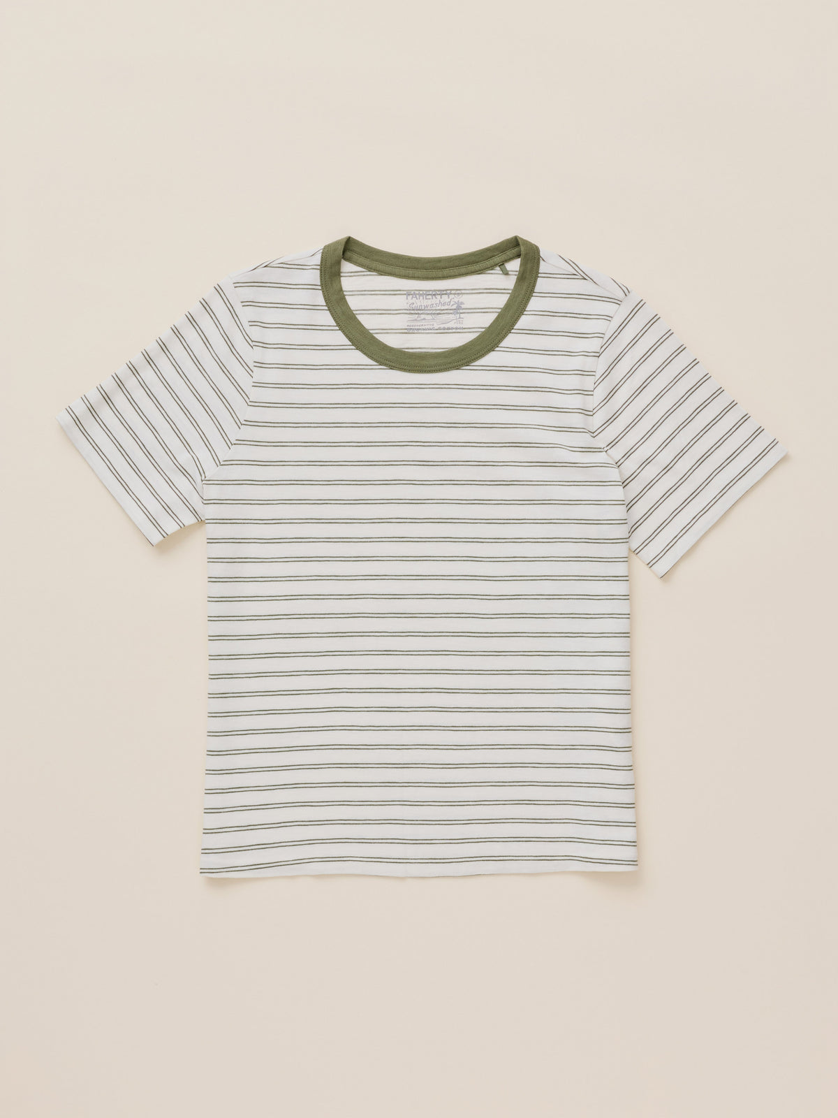 A short-sleeve ringer t-shirt with thin horizontal gray stripes on an off-white base, featuring an olive green crew neck collar, laid flat against a light beige background., image 6 of 7
