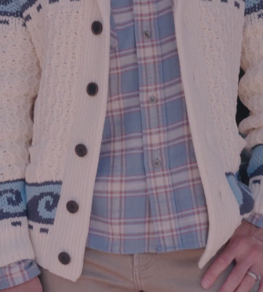 Video of a man wearing a white wave print cardigan over a blue plaid shirt